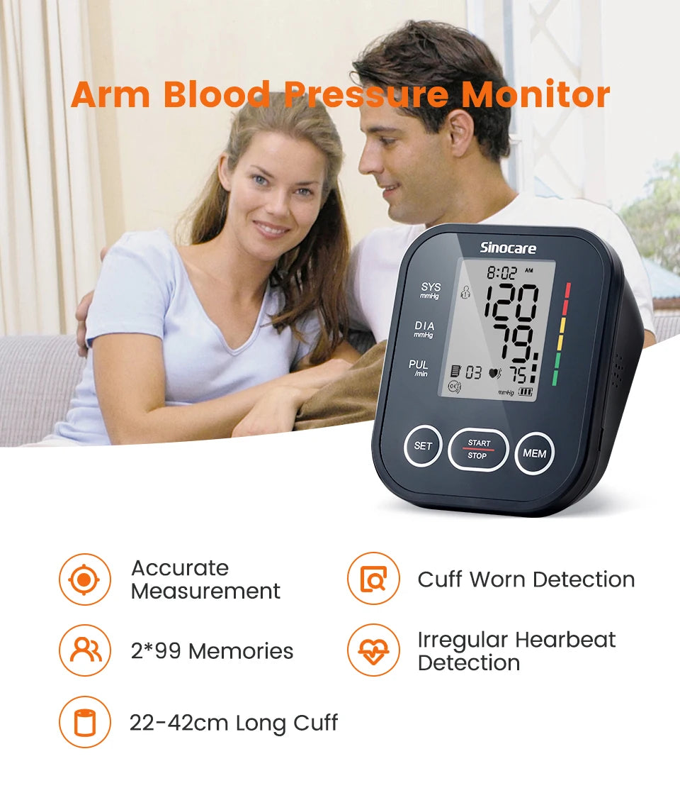 Sinocare Digital Blood Pressure Monitor – Automatic Arm Sphygmomanometer with Heart Rate Meter