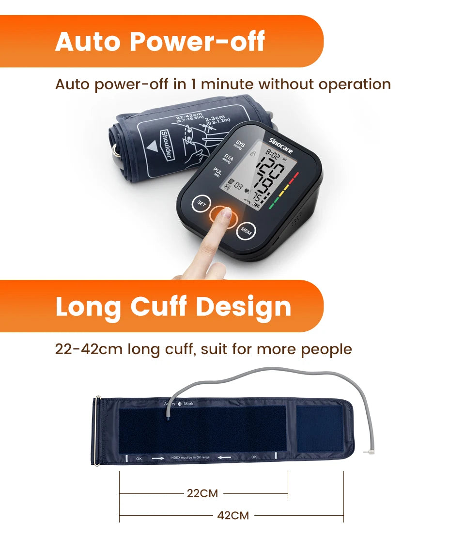 Sinocare Digital Blood Pressure Monitor – Automatic Arm Sphygmomanometer with Heart Rate Meter