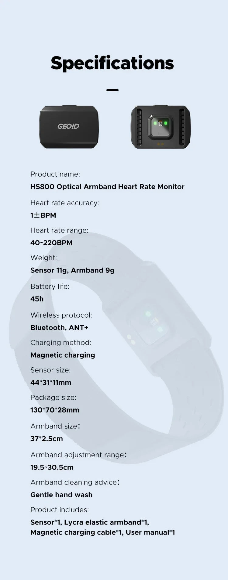 GEOID HS800 Armband Heart Rate Monitor with HS500 Chest Strap