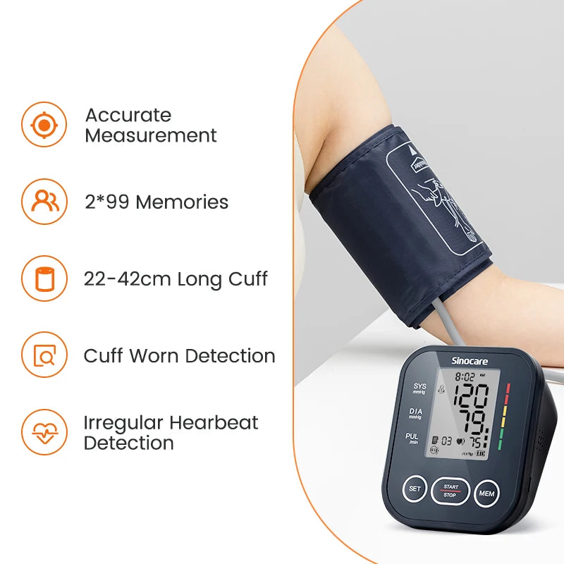 Sinocare Digital Blood Pressure Monitor – Automatic Arm Sphygmomanometer with Heart Rate Meter