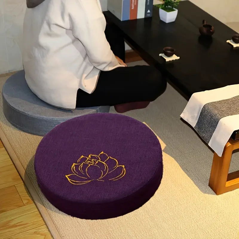 40x6CM Yoga Meditation Cushion – Linen Lotus Texture Round Tatami Pillow with Removable Cover