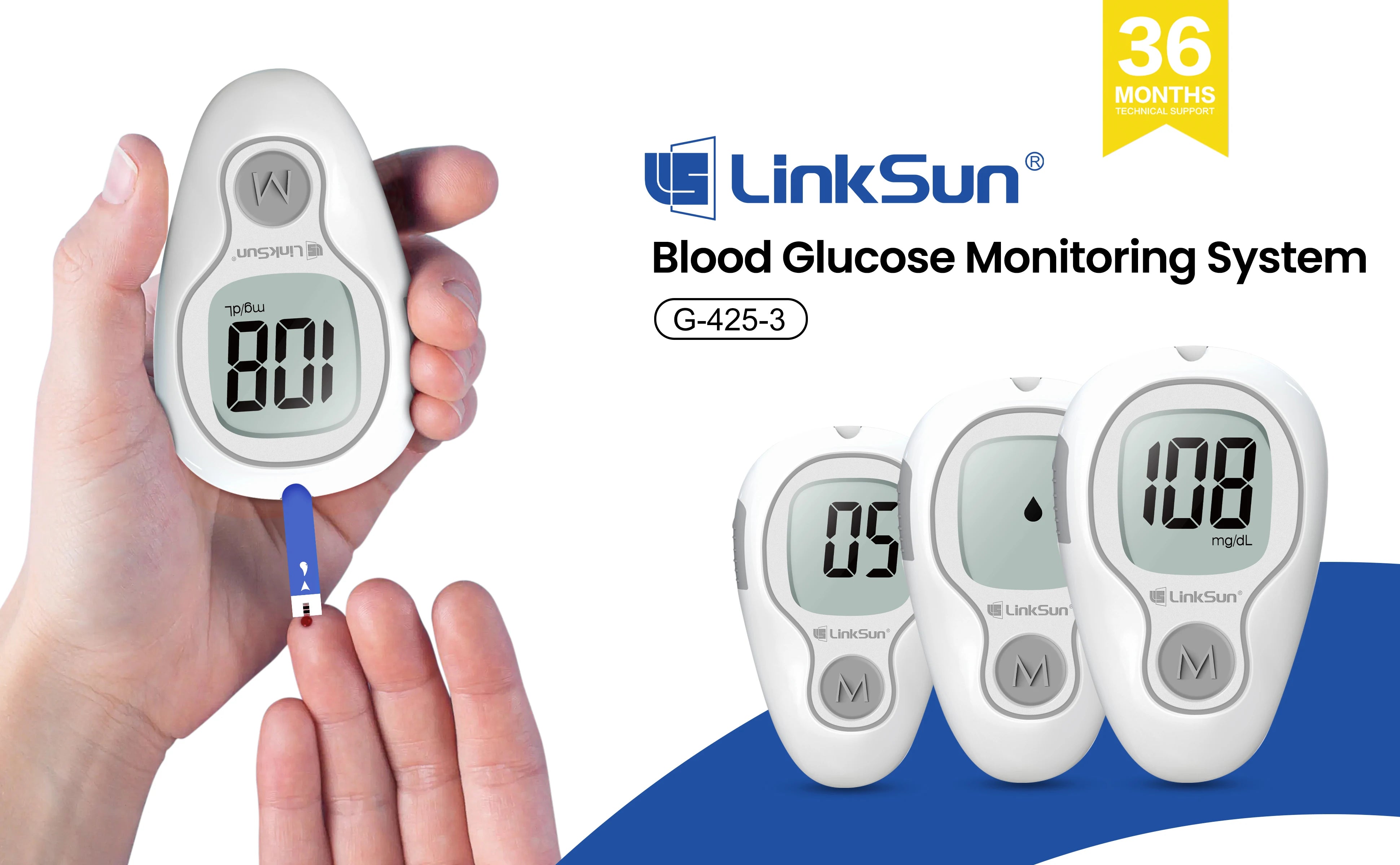 LinkSun G-425-3 Blood Glucose Meter – Diabetes Test Kit with 10/50/100 Test Strips