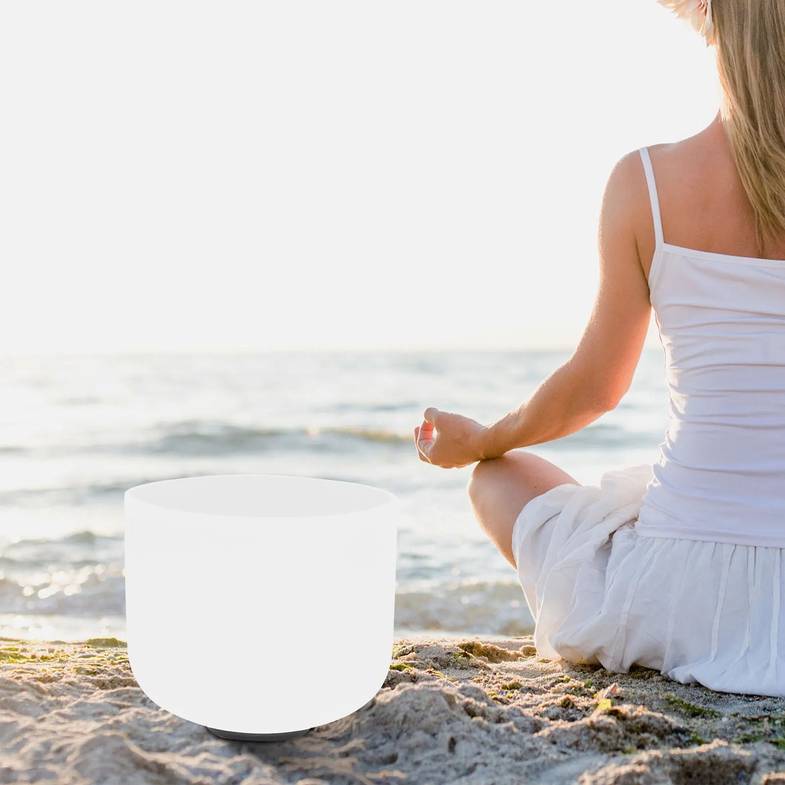 8-Inch White Quartz Singing Bowl with Striker