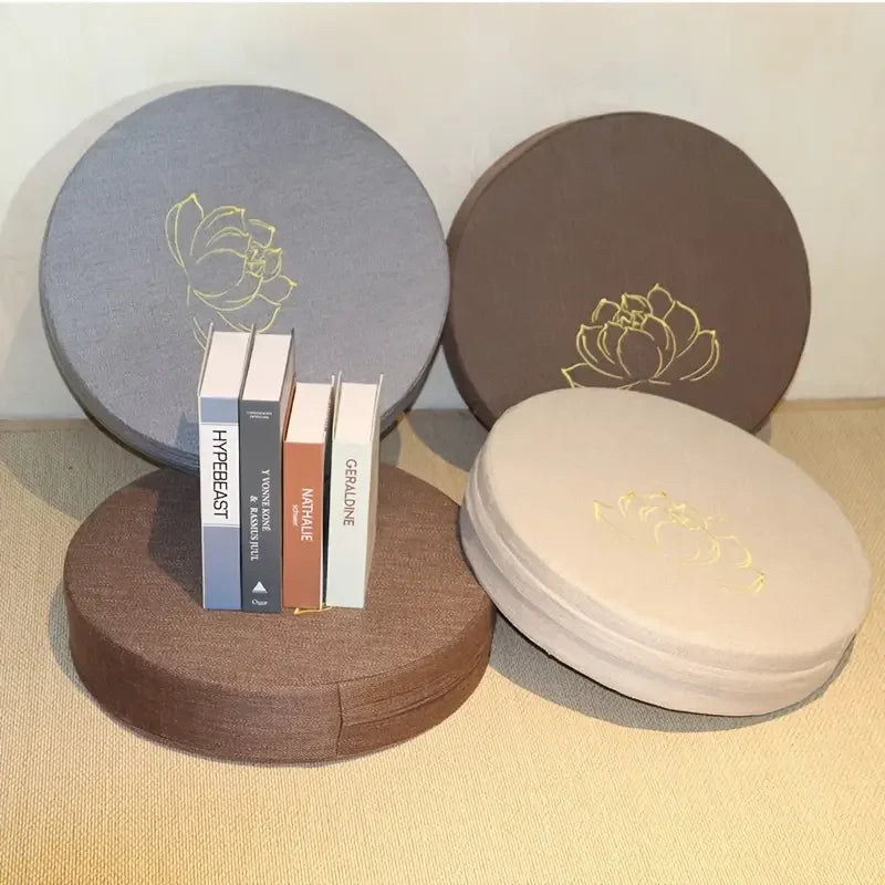 40x6CM Yoga Meditation Cushion – Linen Lotus Texture Round Tatami Pillow with Removable Cover