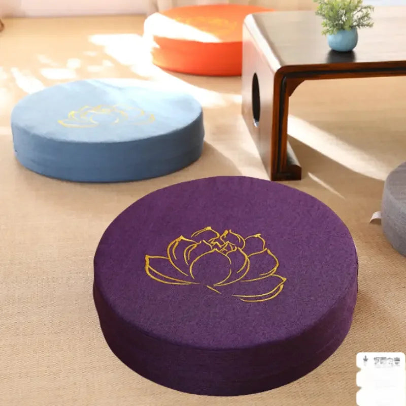 40x6CM Yoga Meditation Cushion – Linen Lotus Texture Round Tatami Pillow with Removable Cover