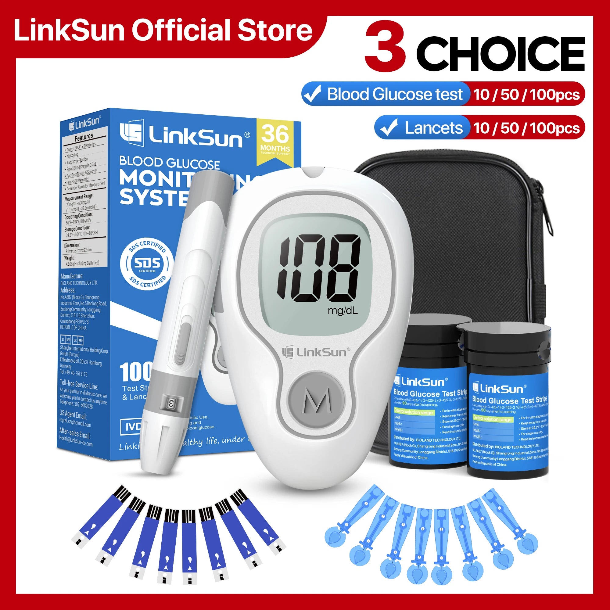 LinkSun G-425-3 Blood Glucose Meter – Diabetes Test Kit with 10/50/100 Test Strips