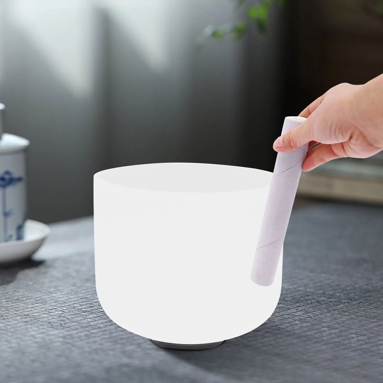 8-Inch White Quartz Singing Bowl with Striker