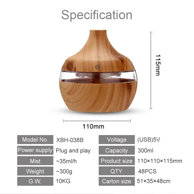 300ml Wood Ultrasonic Aroma Humidifier