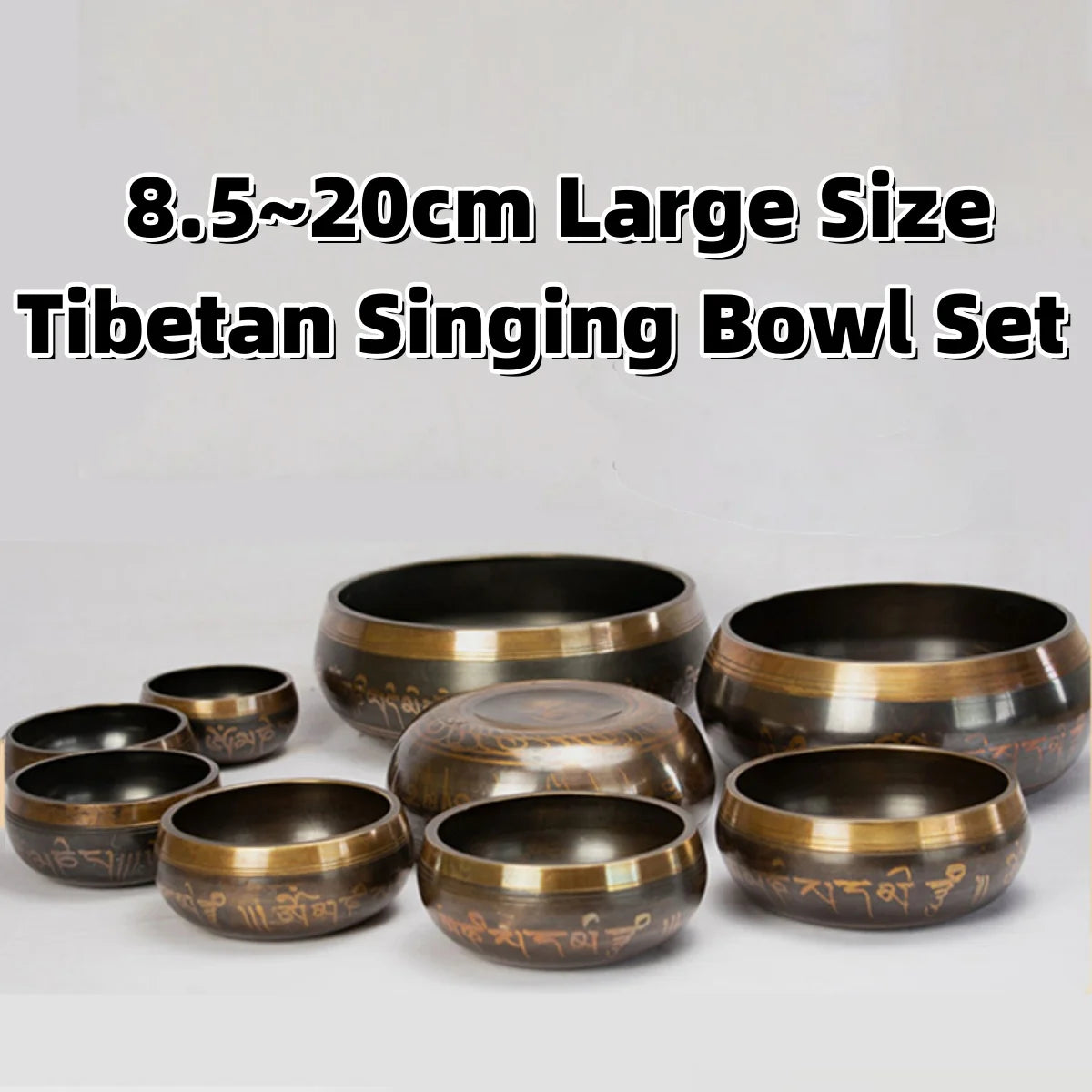 Tibetan Singing Bowl Set – 8.5–20CM Scripture Sound Bowl for Meditation, Yoga & Chakra Healing