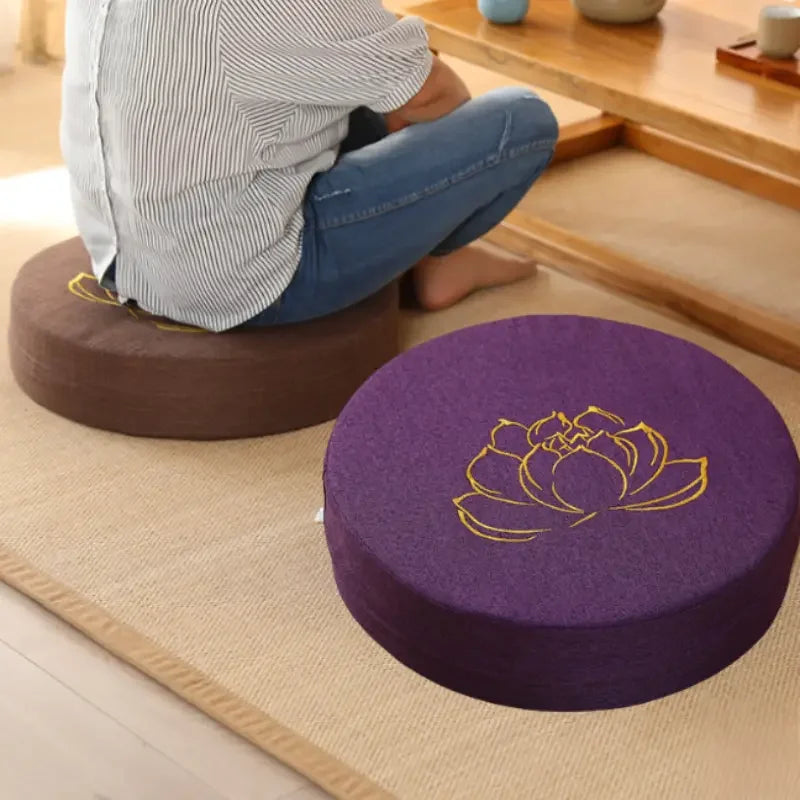 40x6CM Yoga Meditation Cushion – Linen Lotus Texture Round Tatami Pillow with Removable Cover