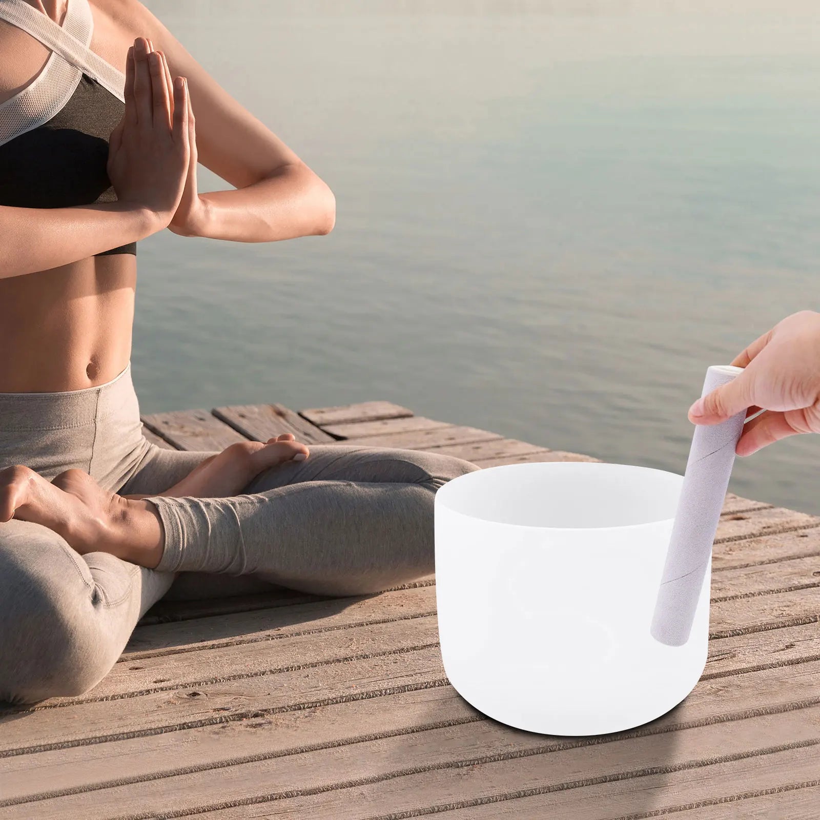 8-Inch White Quartz Singing Bowl with Striker